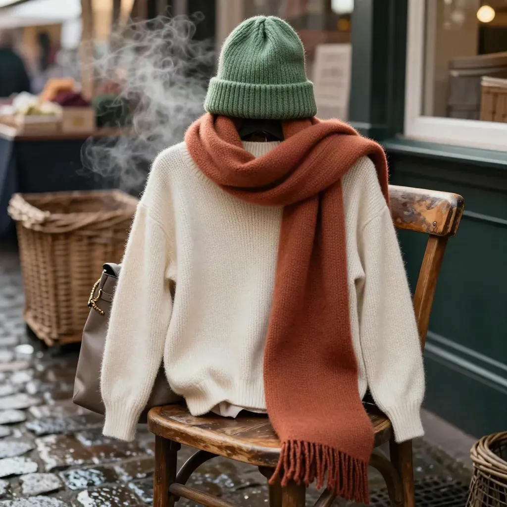 Pull crème, bonnet vert sauge et écharpe terracotta sur chaise de bistrot, ambiance de marché matinal.