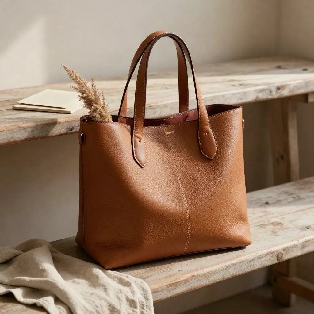 Sac cabas en cuir avec lin et bouquet sec sur banc en bois.