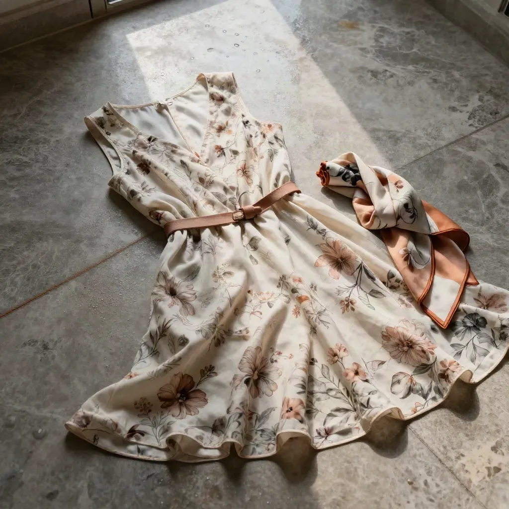 Robe midi fleurie sur dalle de pierre humide, ceinture textile et foulard, vue légèrement de dessus.