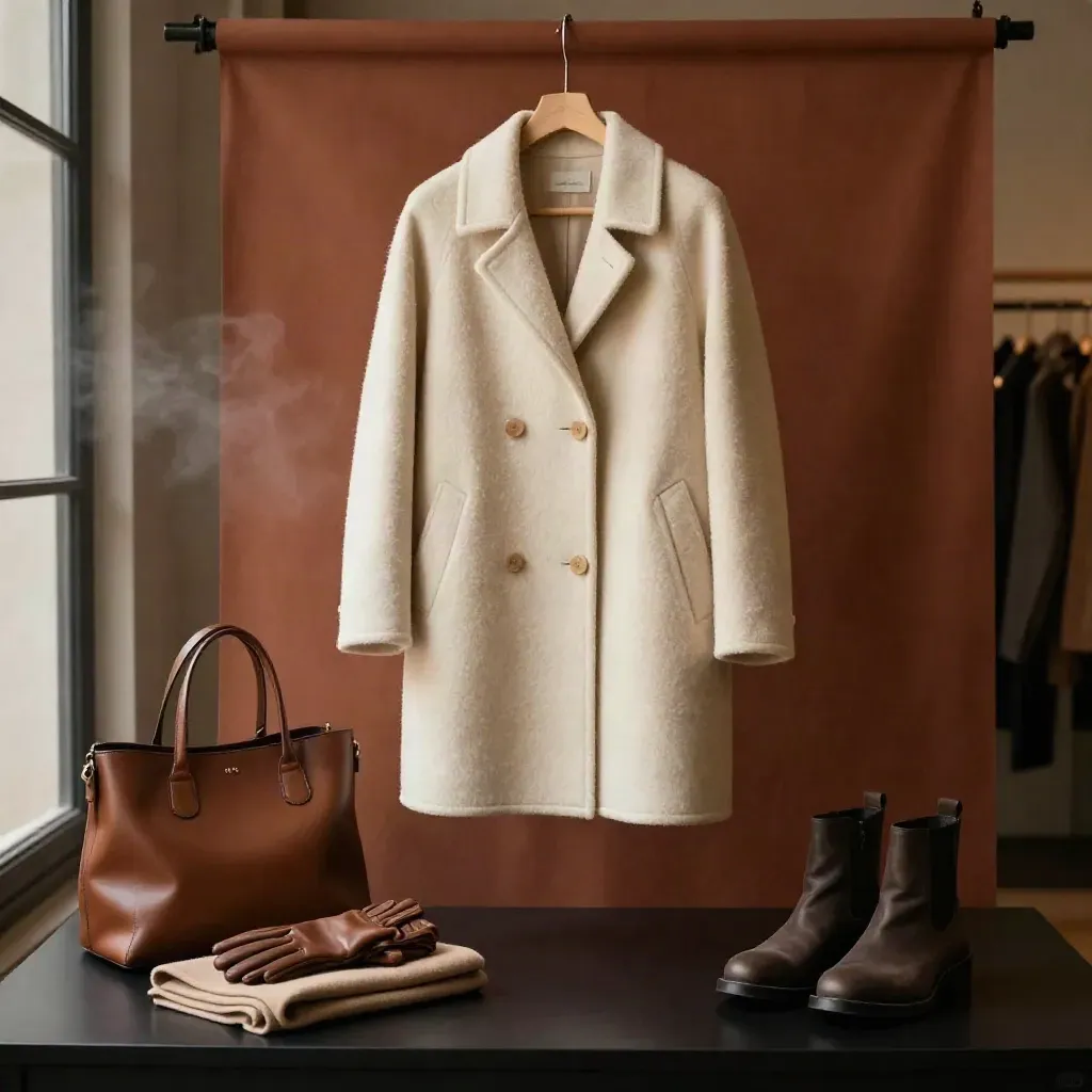 Manteau crème en laine bouclée avec sac, gants, écharpe et bottines sur fond sombre.