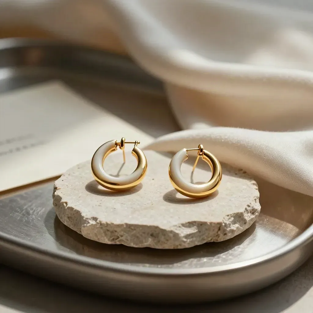 Boucles dorées fines sur disque de pierre, avec soie crème et anneau en céramique.