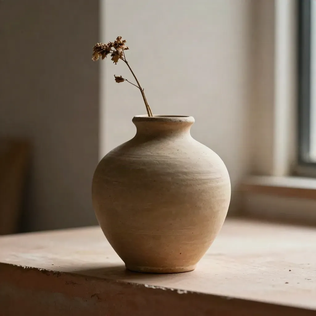 Vase en grès brut avec deux tiges sèches sur fond sombre, lumière douce.