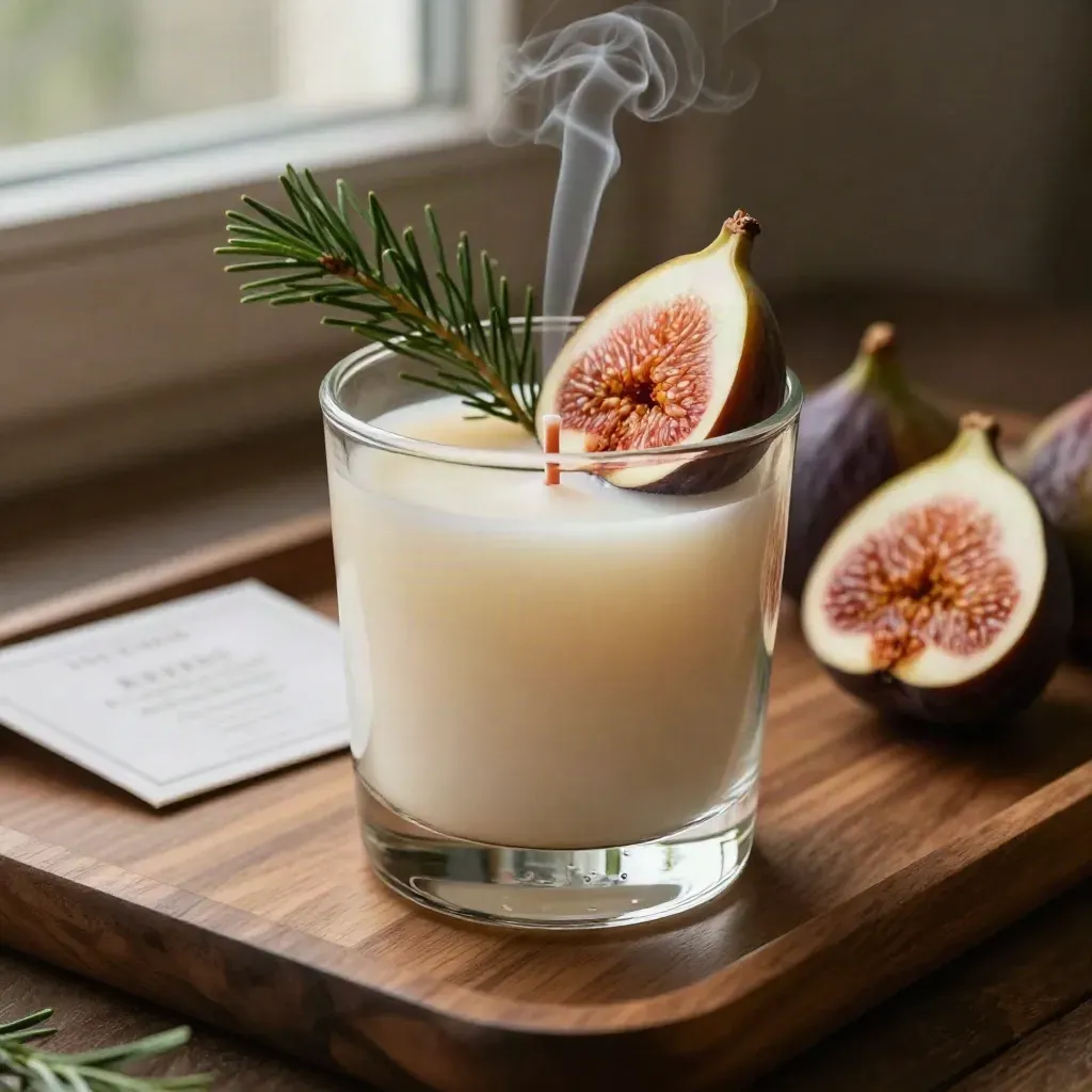 Bougie en verre, cire crème, figues et rameau de cèdre sur plateau en bois.