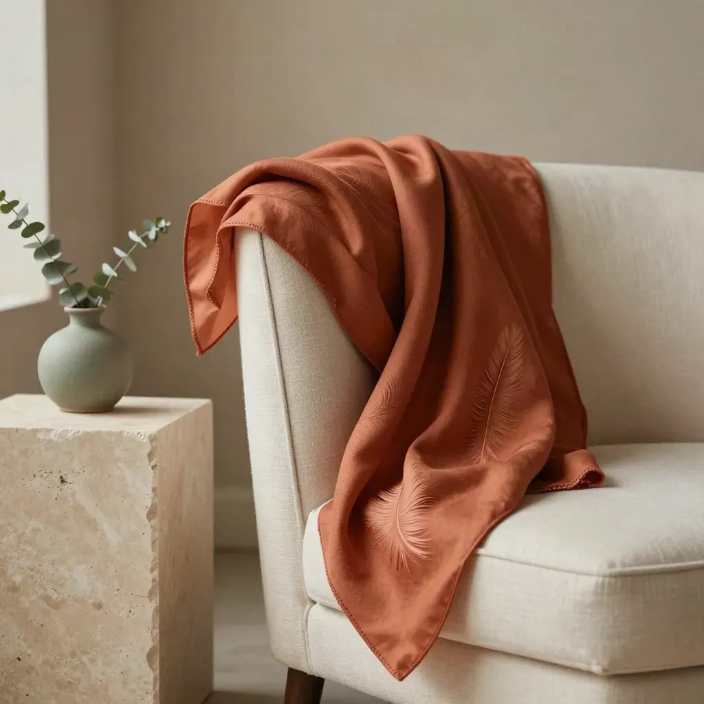 Foulard terracotta drapé sur une chaise en lin et un bloc de pierre, lumière douce, accent sauge.