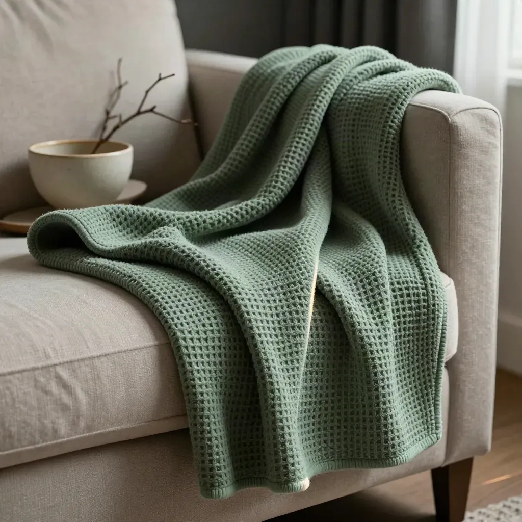Plaid gaufré vert sauge sur canapé clair avec bol en grès et branche sèche flous