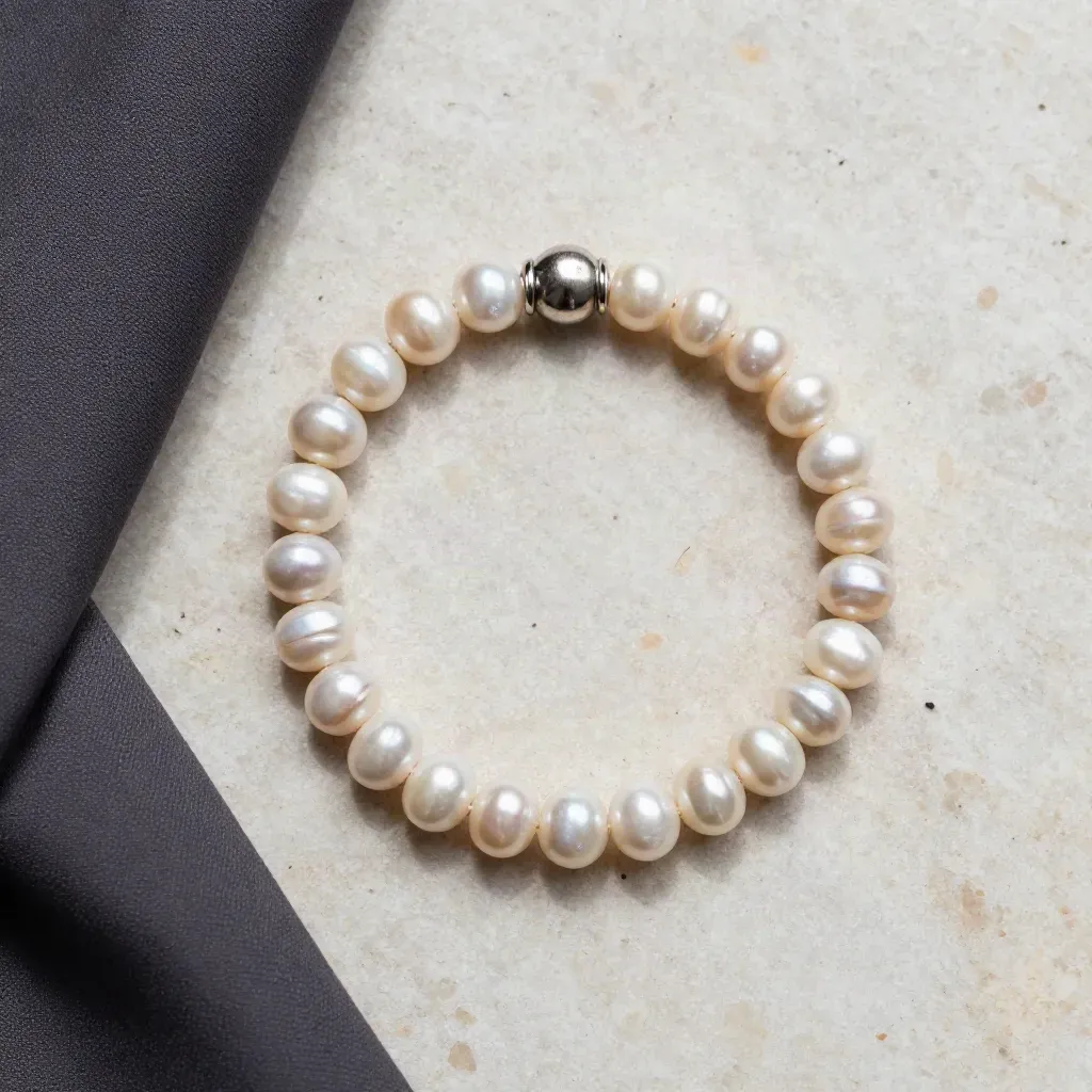 Bracelet de perles nacrées en cercle sur pierre claire, avec tissu sombre et reflet métallique.