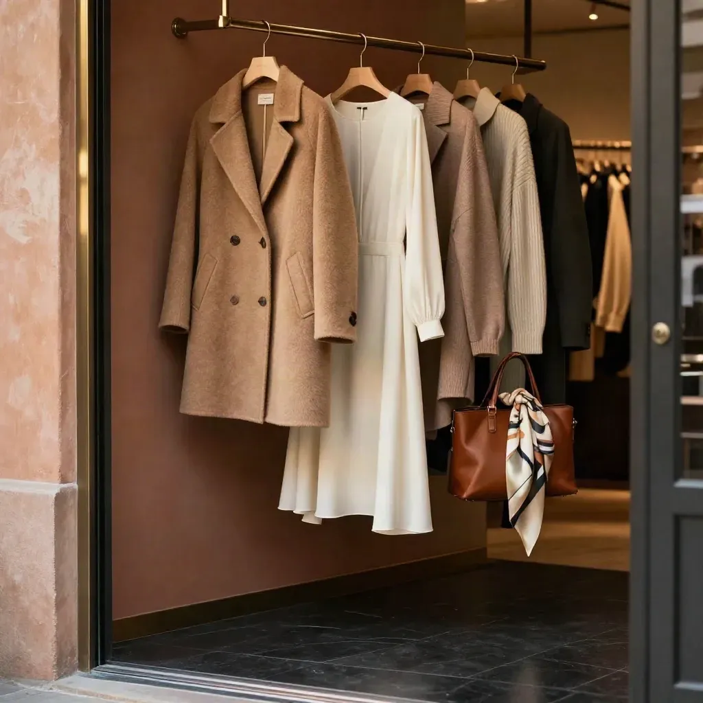 Tenues de saison suspendues à l’entrée d’une boutique, lumière chaude et ambiance chic.
