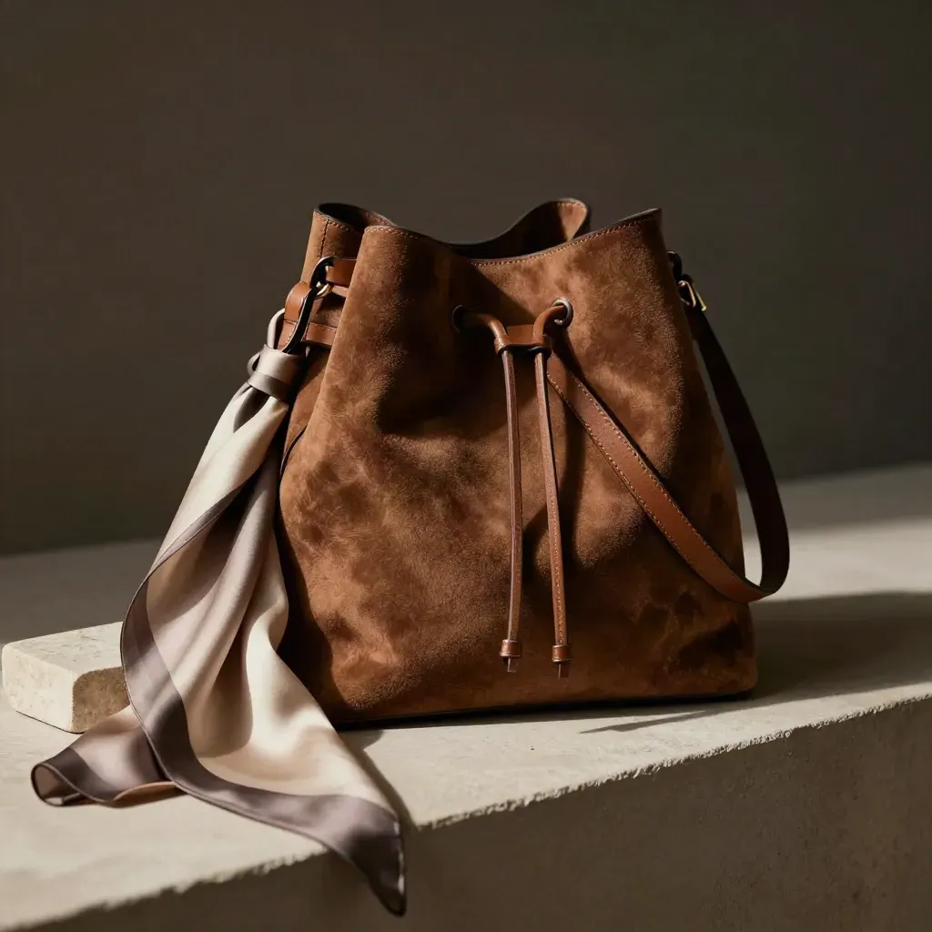 Sac seau en daim en trois-quarts avec foulard plié et petit bloc de pierre.