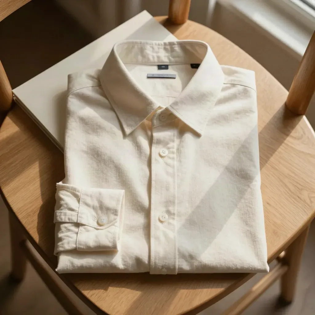 Chemise écrue en coton pliée sur une chaise en bois, vue du dessus.