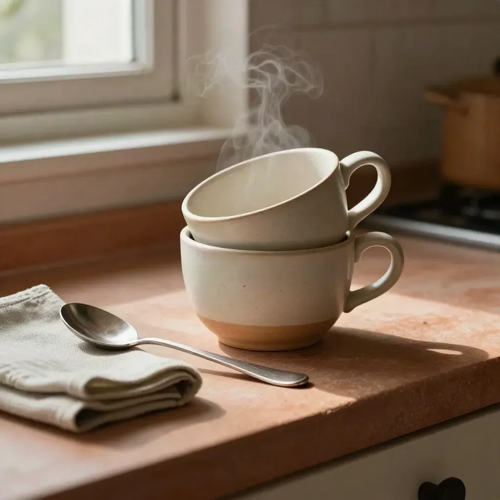 Deux tasses en grès avec soucoupe textile sauge et cuillère, dans une cuisine chaleureuse.