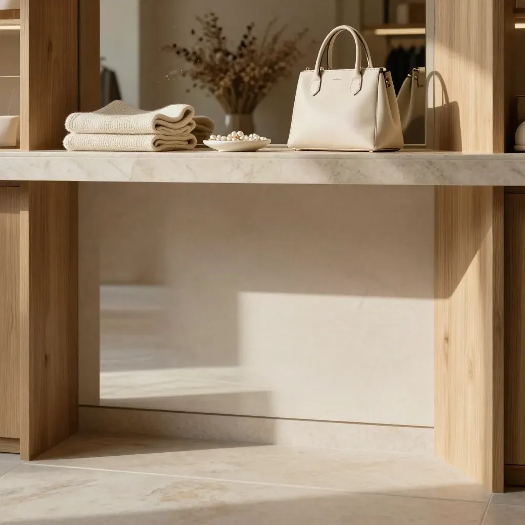 Intérieur de boutique crème avec sac, tricot et bijoux sur marbre clair.