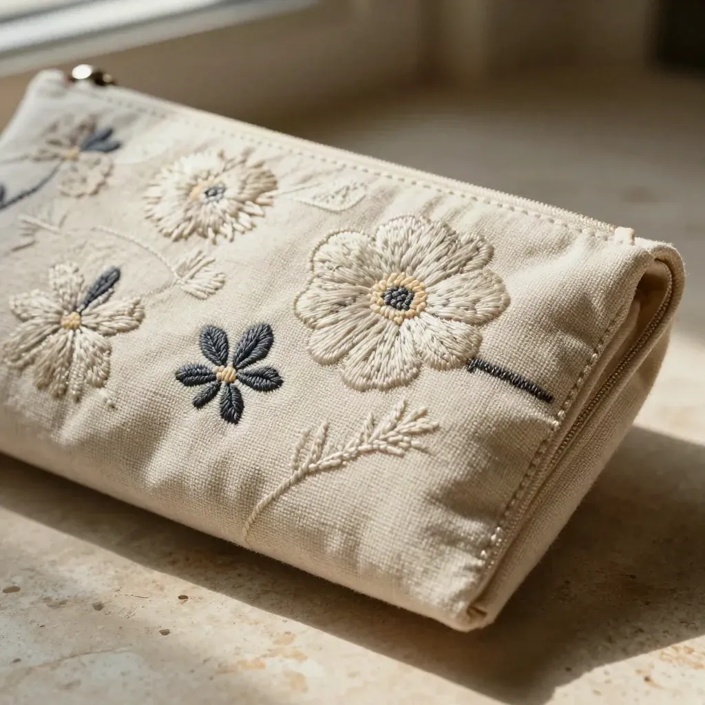 Macro d’une pochette brodée crème, légèrement entrouverte sur une doublure claire.