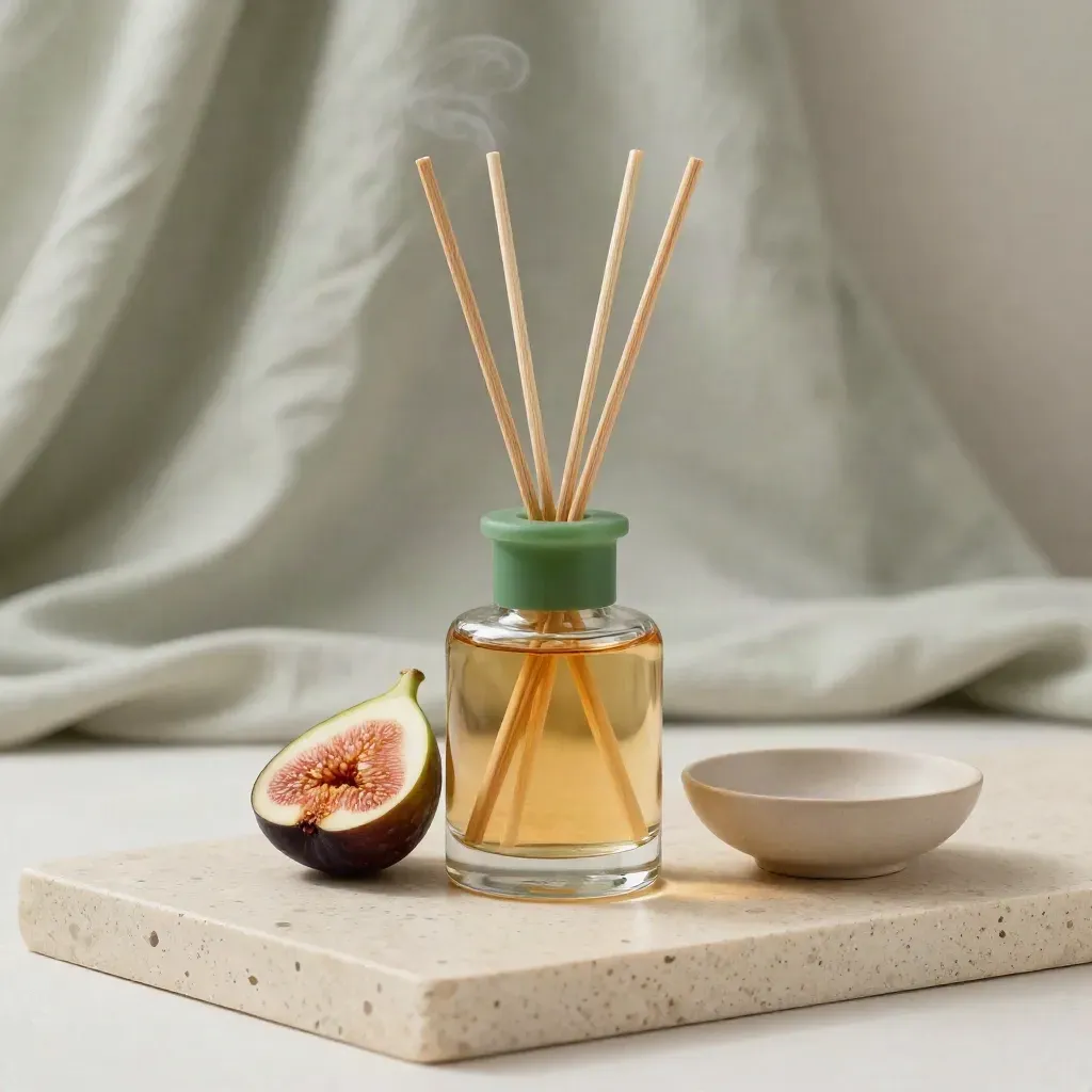 Diffuseur de figue verte en verre avec tiges de rotin sur travertin, figue coupée et petit plat