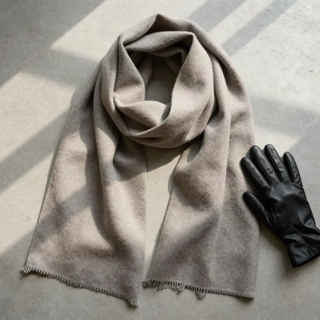Écharpe en laine douce enroulée, avec gant en cuir et coin de manteau sur dalle minérale.