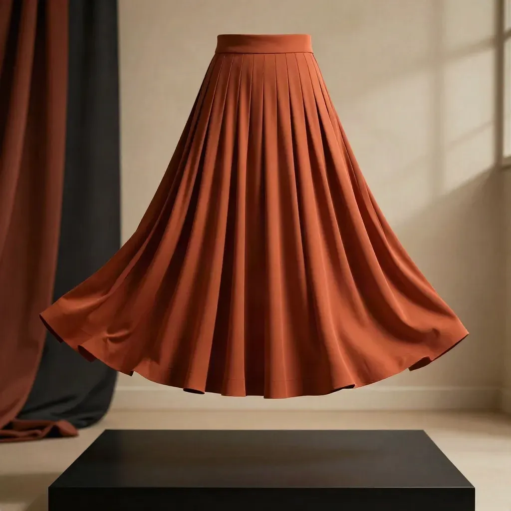 Jupe midi plissée terracotta, suspendue en studio sombre, vue basse et dramatique.