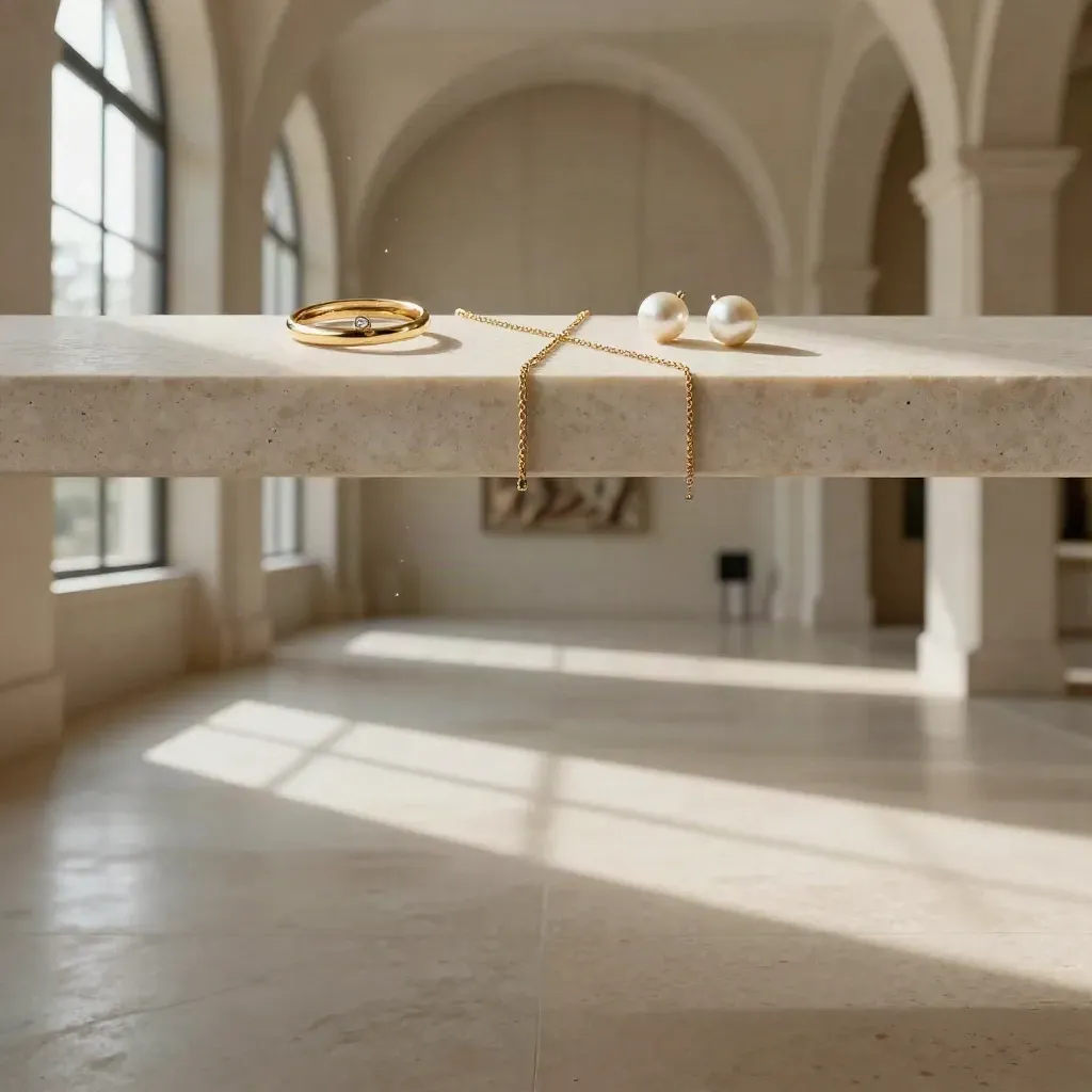 Bijoux fins sur pierre claire dans un intérieur architectural lumineux et calme