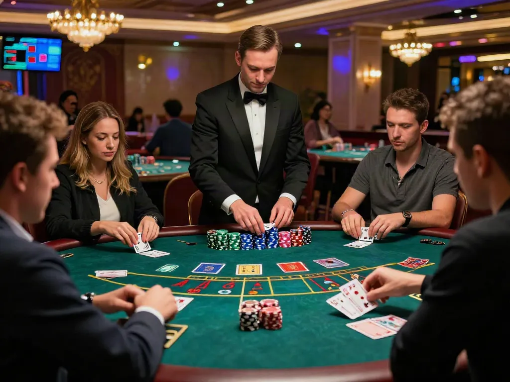 Table de blackjack en ligne avec des joueurs captivés, jetons colorés et ambiance élégante.