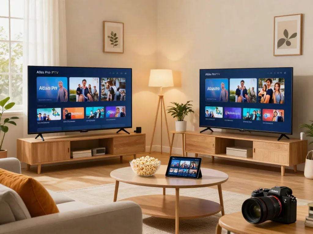 Interface de l'application atlas pro iptv sur un téléviseur dans un salon chaleureux.