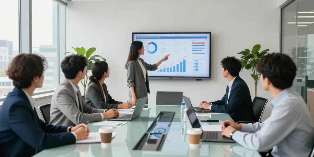 Réunion d'équipe moderne avec Atlas pro, discussion stratégique et écran d'analyse dans un bureau bien éclairé.