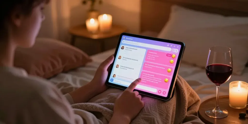 Cozy bedroom scene with tablet, engaging in ai sex chat with intimate atmosphere.