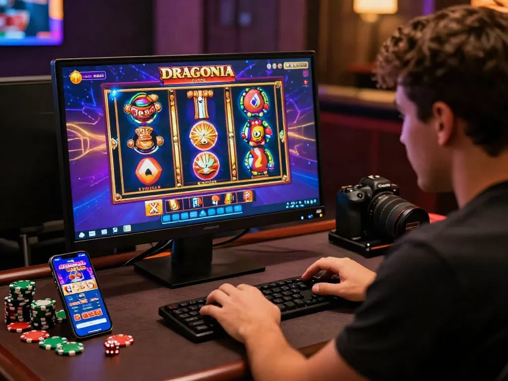 Joueur sur https://studiobarw.com/ découvrant l'univers captivant de Dragonia Casino avec des machines à sous colorées et une ambiance chaleureuse.